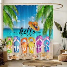 Summer Shower Curtain Ocean Beach 71"W x 71"L Pack of 1 Blue Green Yellow