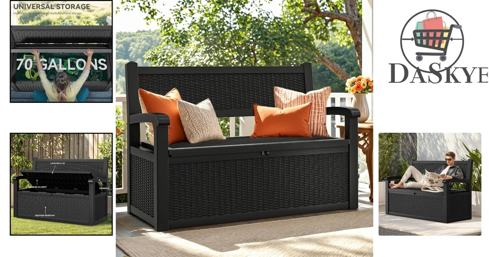70 Gallon Lockable Outdoor Storage Bench with Armrests For Patio & Garden - Image 2 of 4