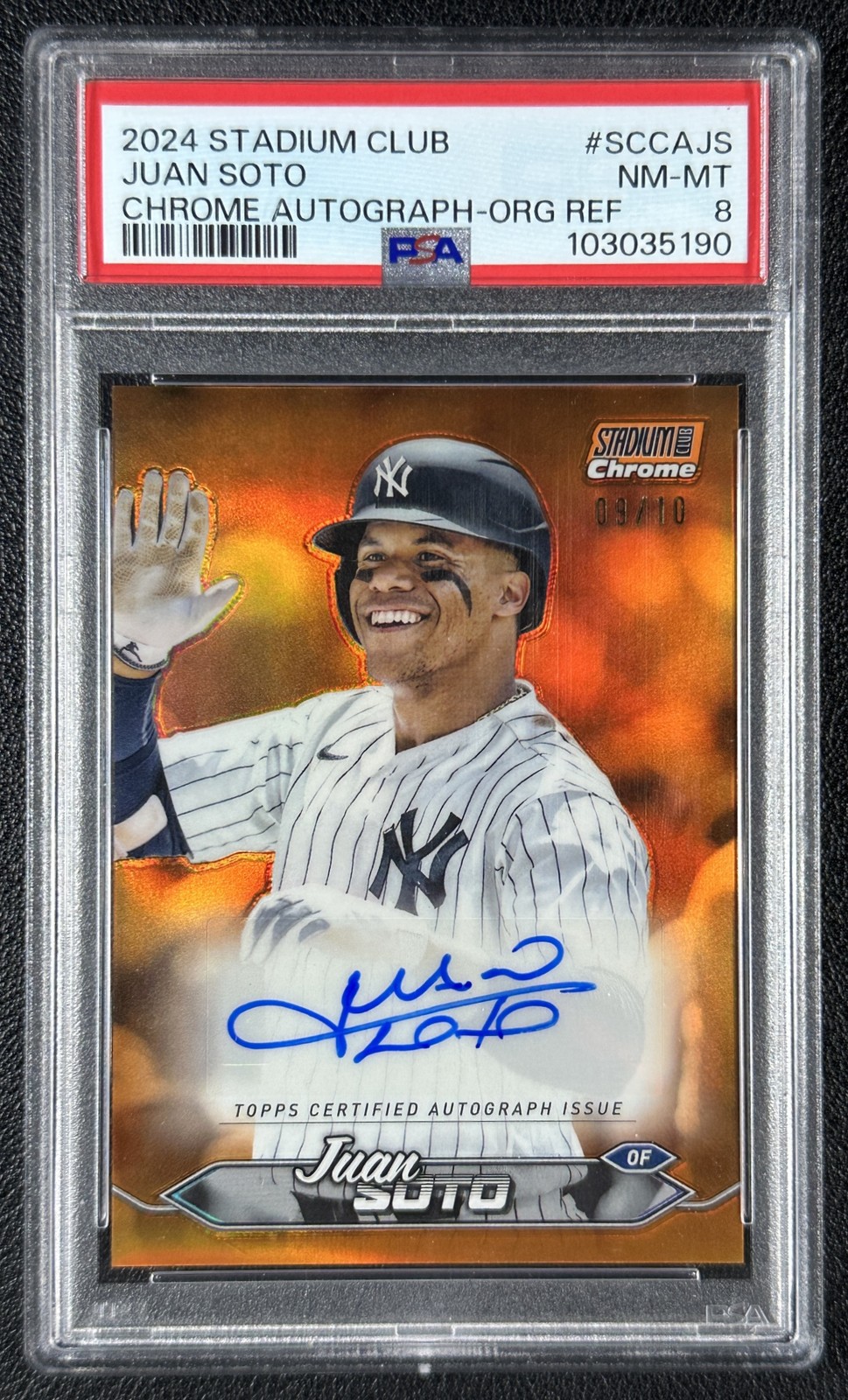 JUAN SOTO PSA 8 2024 TOPPS STADIUM CLUB CHROME AUTO ORANGE REFRACTOR 9/10