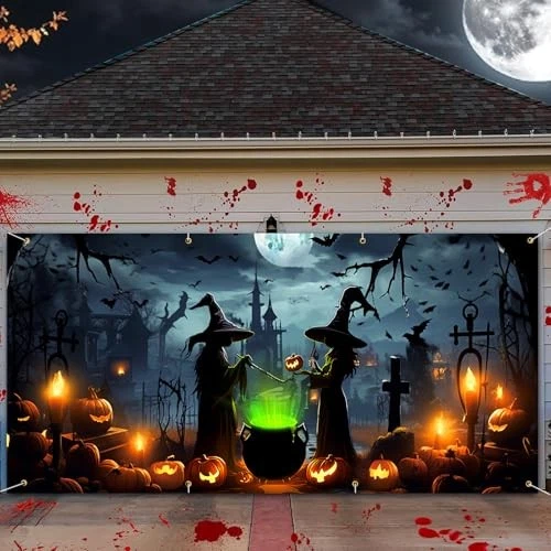 Lighted Witch Halloween Garage Door Banner