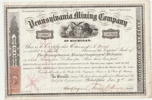Pennsylvania Copper Mining Co Stock Certificate Keweenaw Michigan 0592 mi mine