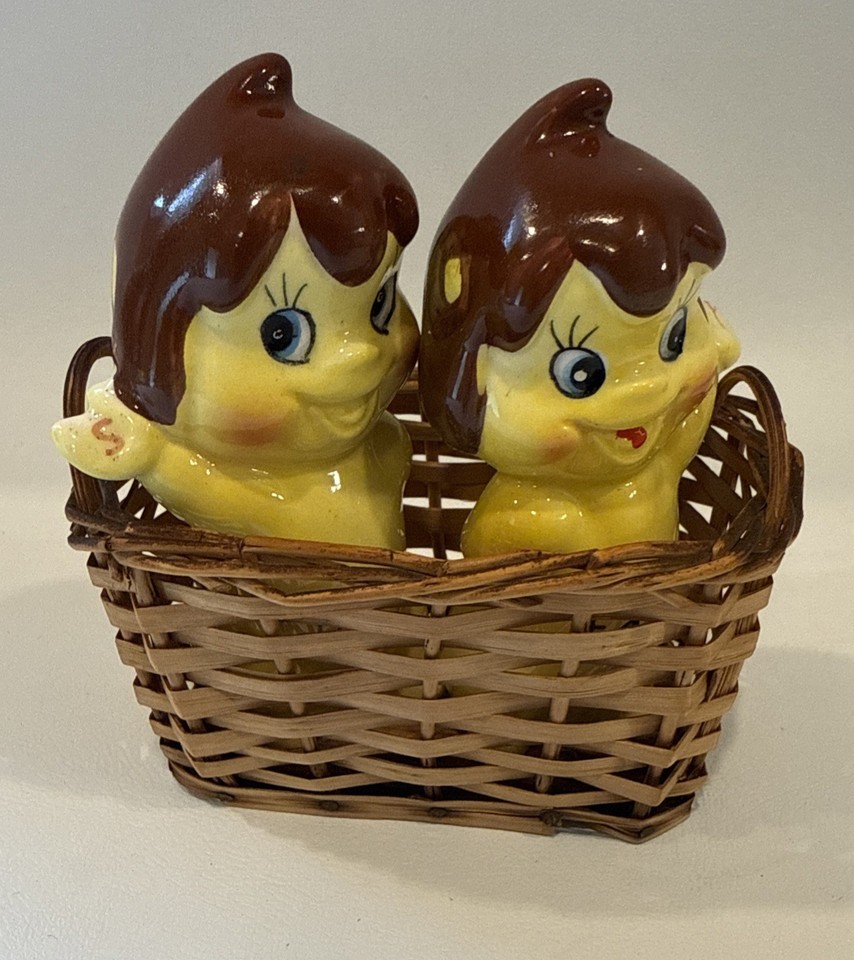 Kitschy vintage Tastee Freez elf/nymph salt & pepper shakers made in Japan — the kind of delightfully weird tabletop find that stops dinner guests mid-sentence.