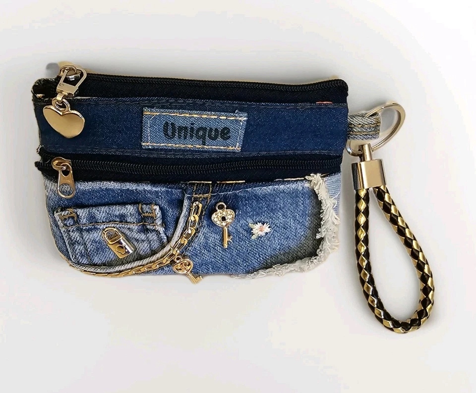 Único Jeans Hecho a Mano Denim Doble Cremallera Monedero Muñequera Portatarjetas Amor Foto 4 de 4