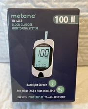 Metene TD-4116 Blood Glucose Monitor Kit, 100 Glucometer Strips, 100 Lancets NEW