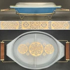 Pyrex Royal Promo 063 Blue Divided Dish w/Decorated Lid on Cradle 1961 USA 1.5qt