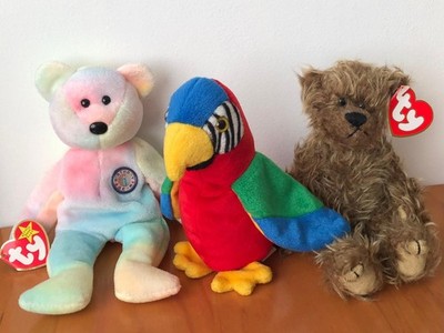 Ty Beanie Babies: Papagei Jabber 1998, Teddy Esmeralda 1993, Bär B.B. Bear 1999