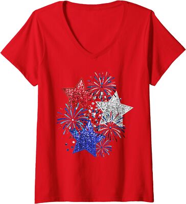 4th Of July Fireworks Stars Funny Cute Printed Ladies' V-Neck Tshirt