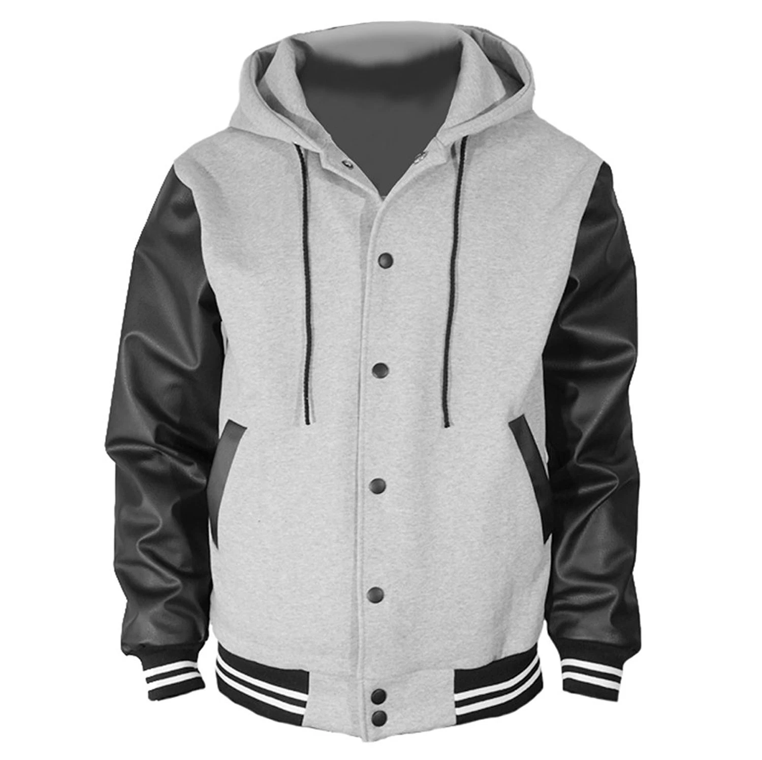 Hoodie Gray Wool Letterman Varsity Jacket With black Real Leather Sleeves XS-4XL
