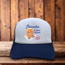 Pancakes And Panic Attacks Unisex Trucker Hat Blue Bachelorette Gift Funny Meme