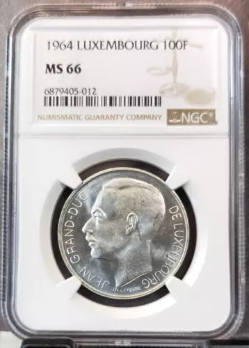 1964 LUXEMBOURG SILVER 100 FRANCS NGC MS 66 RARE GEM BU BEAUTIFUL COIN