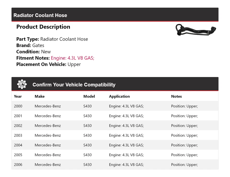 Portões superiores de mangueira de líquido de arrefecimento para radiador Mercedes-Benz S430 4.3L V8 GAS 2000-2006 - Imagem 2 de 3