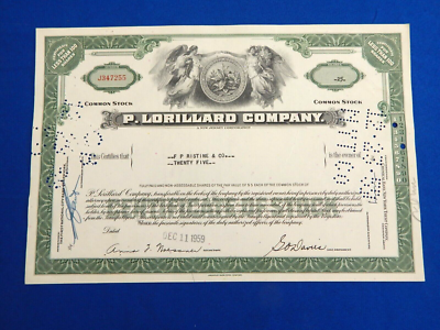 lorillard tobacco stock P. Lorillard (Tobacco) Company Stock Certificate New Jersey 1959