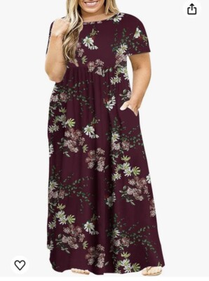 3xl maxi dress scoop neck slash pockets maroon with floral pattern