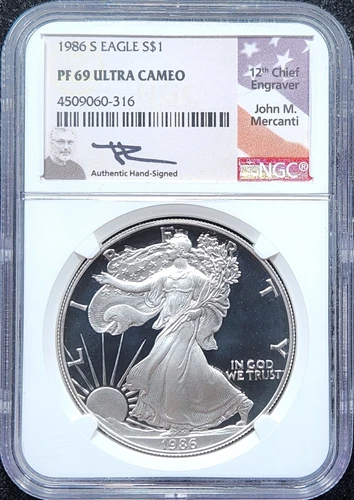 Proof Silver 1986-S American Eagle 1 oz | NGC PF69 Ultra Cameo - Mercanti Signed