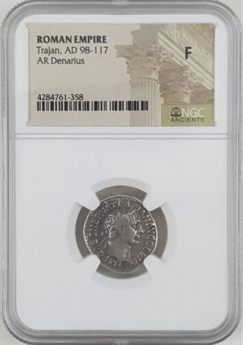 A-DS4 - Roman Empire of Emperor Trajan (AD 98-117) Denarius NGC Fine Silver Coin