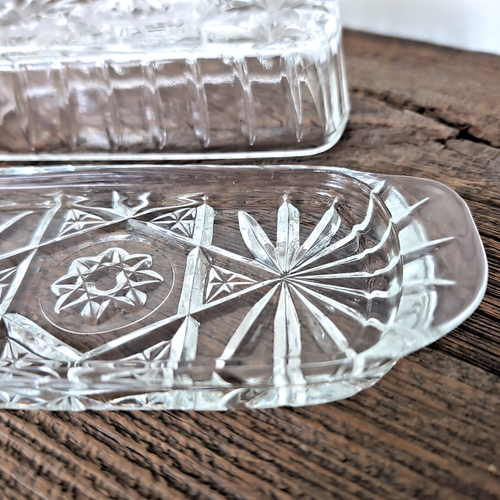 VINTAGE Anchor Hocking Star David Covered Cut Glass Butter Dish Lid Depression - Picture 7 of 9