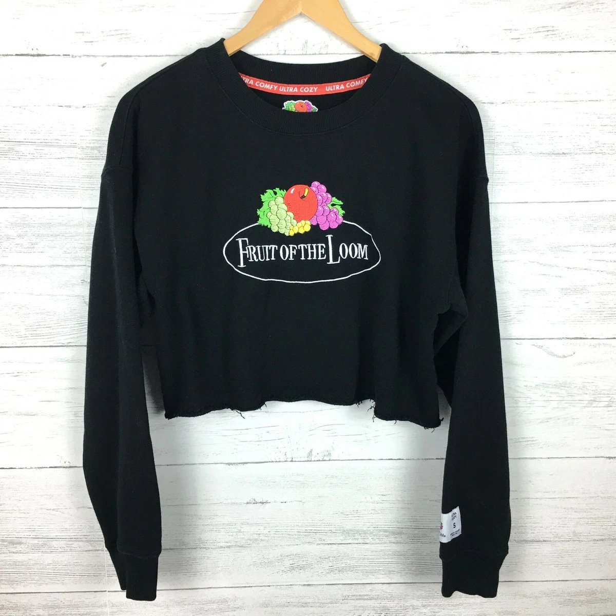 Fruit of the Loom Womenu0026#039;s Black Crop Top Sweatshirt Logo Long Sleeves  size Small | eBay