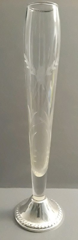 Vintage Duchin Sterling Silver Weighted & Etched Glass Bud Vase 9-1/2” Tall.