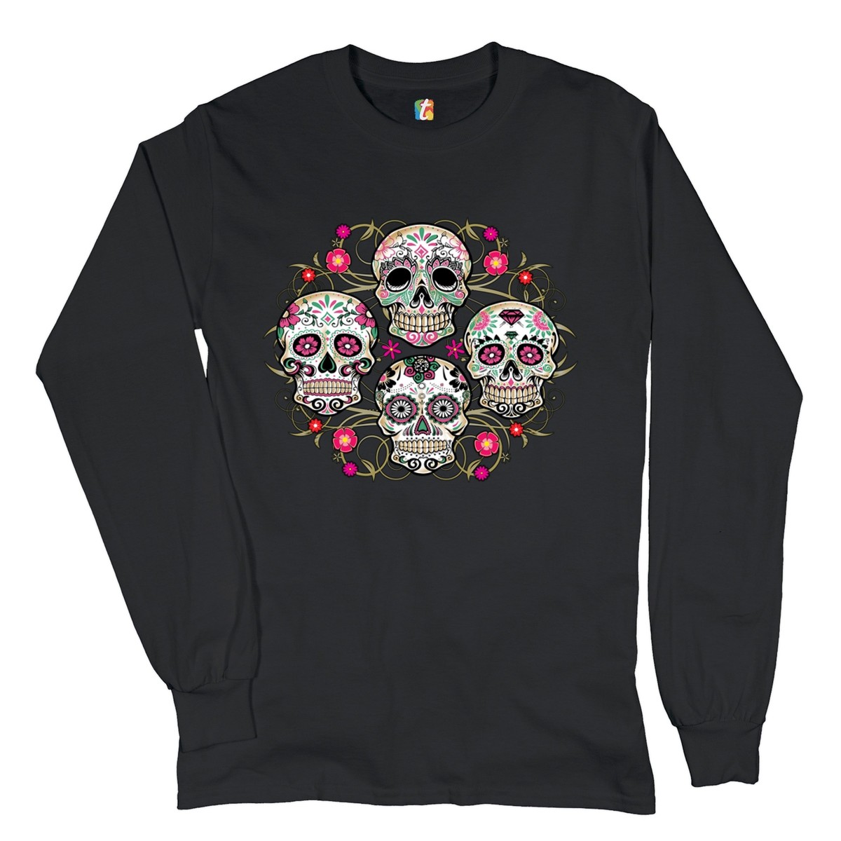 トップス 20AW SKULL FLOWER long shirt Day of the Dead Floral Sugar Skulls Long Sleeve T-shirt Dia