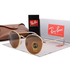 New Ray-Ban RB3447 Round Sunglasses Gold Frame Brown Glass Lenses UV