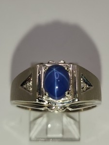 Mens 10k Solid White Gold Star Sapphire Diamond Accents Ring Size 10.25