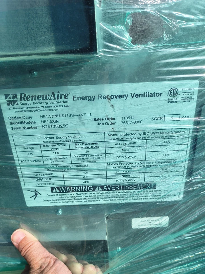 Ventilador de recuperación de energía RenewAire HE1.5XINH comercial calidad del aire interior   Foto 4 de 4