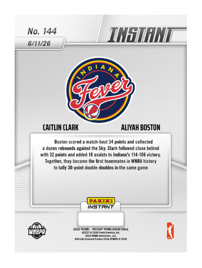 Caitlin Clark/Aliyah Boston - 2026 Panini Instant WNBA 144 Indiana Fever PRESALE view 2