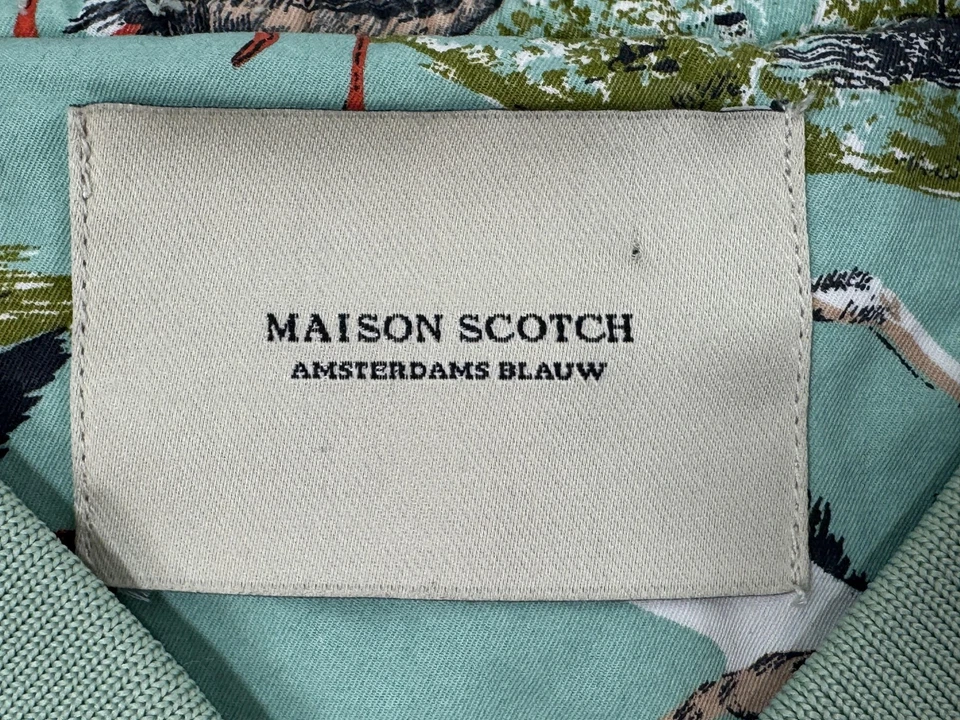 Chaqueta escocesa Maison para mujer mediana verde estampado de pájaros cremallera bombardero flamenco tropical Foto 4 de 4