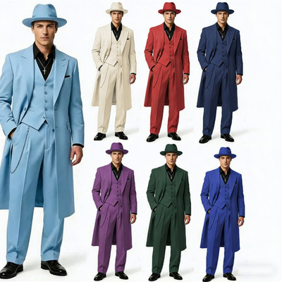 British Men's Zoot Suit Wedding Groom Tuxedo Evening Party Prom Long Coat 3pcs