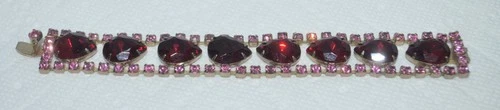Vintage Costume Jewelry Bracelet Silver Tone Metal w  Red Jeweled Design