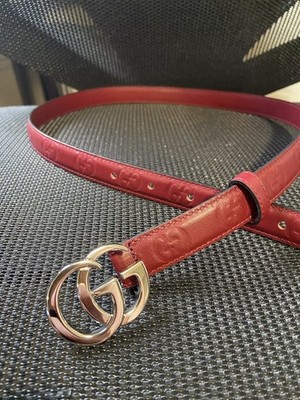Gucci Belt Women's Red Embossed Leather GG Logo Double G Buckle Size 38 / 95 cm