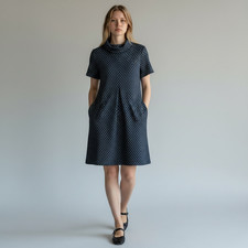 Retro Mod Inspired Preppy Shift Geo Scalloped Stretchy Pocket Dress S Blue Knit