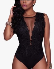 Black Floral Lace Plunge Sheer Stretch Wireless Bodysuit Size L