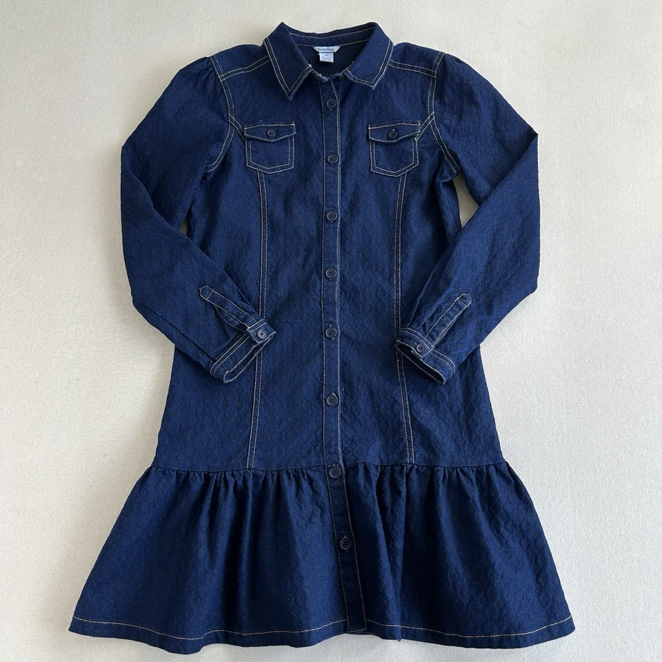 Vestido Hartstrings Niñas Talla 14 Texturizado Denim Elastizado Botón Volantes Dobladillo Foto 3 de 4