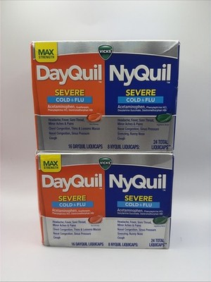 (2) Vicks DayQuil & NyQuil Severe Cold and Flu, 24 Liquicaps Each, Exp 12/2027.
