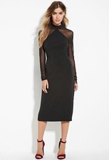 BNWT FOREVER 21 Black Mesh Paneled Long Sleeve Midi Fitted Cocktail Dress Medium