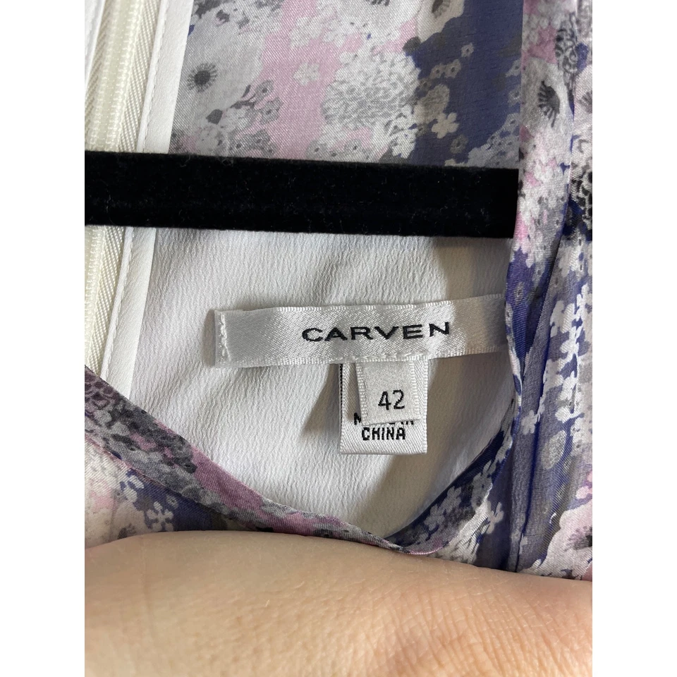 Carven 42 (US 10/12) 100% Silk Fit & Flare, Gray Floral, EUC, Minor Seam Tear - Image 3 of 4