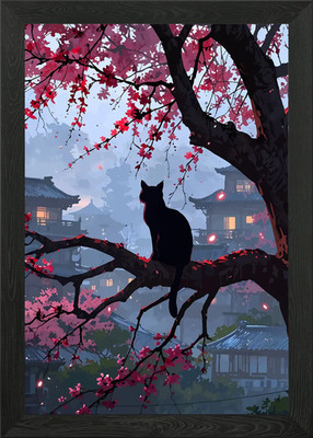 Schwarze Katze im Kirschblütenbaum Gerahmtes Wandbild Poster Leinwanddruck Bild