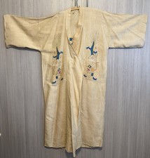 Antique Raw Silk Asian Embroidered Dragon Kimono Robe
