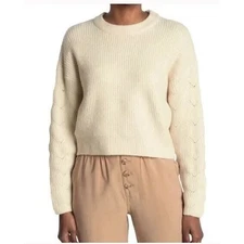 Elodie Women's Pointelle Sleeve Crew Neck Rib Knit Sweater in Ivory XLarge $49