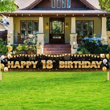 Large Black Gold Happy 18th Birthday Backdrop Banner Glitter Black Gold Theme...