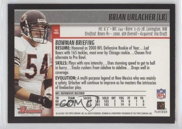 2001 Bowman Brian Urlacher #61 HOF - Image 2 of 2