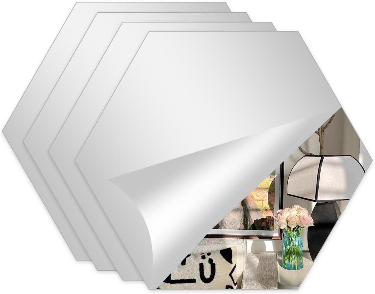 Mirror Tiles Self Adhesive for Bathroom, Stick on Mirrors for Walls Hexagon, 2mm