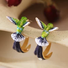 Cute Flying Hummingbird Oil Painting Earrings Hummingbird Stud Earrings