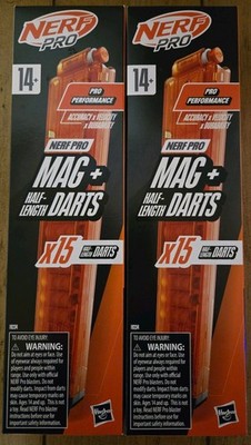 Nerf Pro Mag Plus Half Length Dart Magazine Refill 15 Darts 2x Box Lot NEW