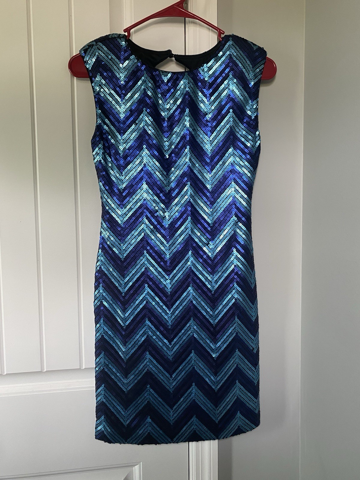 AS U WISH Sequin Mini Dress Size Small Blue Purple Chevron Back Cutout Party