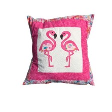 Handmade Patchwork Pink Flamingo Throw Pillow Cover 16  x 16  Blue Cream Cute