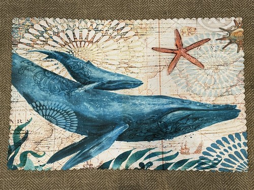 Beach Ocean Blue Whale & Baby Cream Sea Map Nautical Scalloped Set 6 Placemats - Picture 6 of 12
