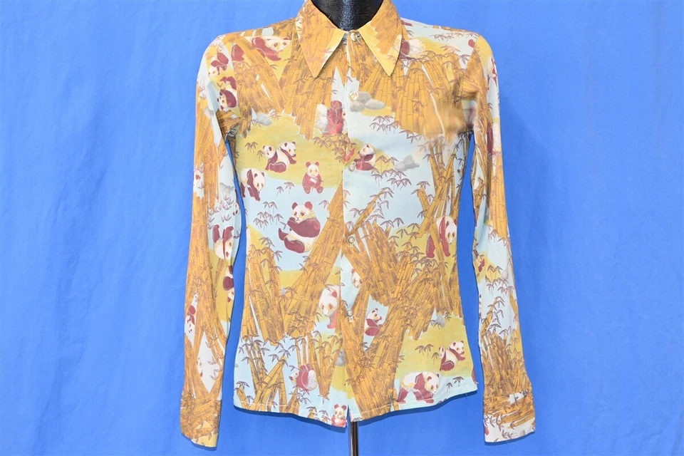 CAMISA DISCOTECA VINTAGE AÑOS 70 PANDA BEARS BAMBÚ CUELLO GRANDE ACETATO NYLON PEQUEÑA S Foto 2 de 4