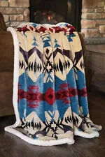 Southwest Aztec Blue River Plush Fur Sherpa Borrego Fleece Throw Blanket